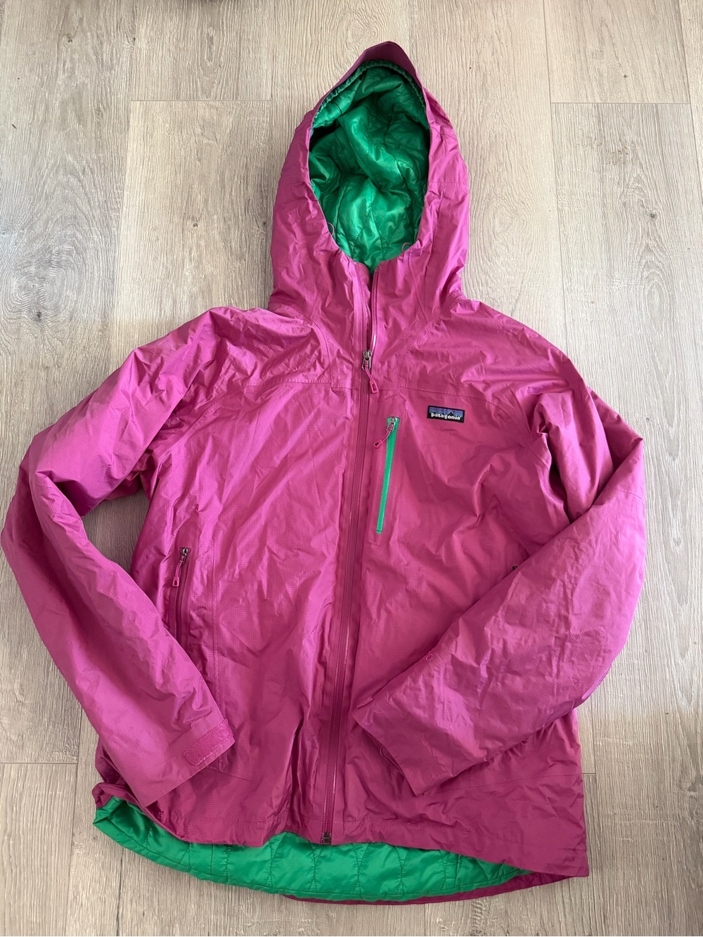 Patagonia Women's Bright Pink Hooded Puffer with Green Lining